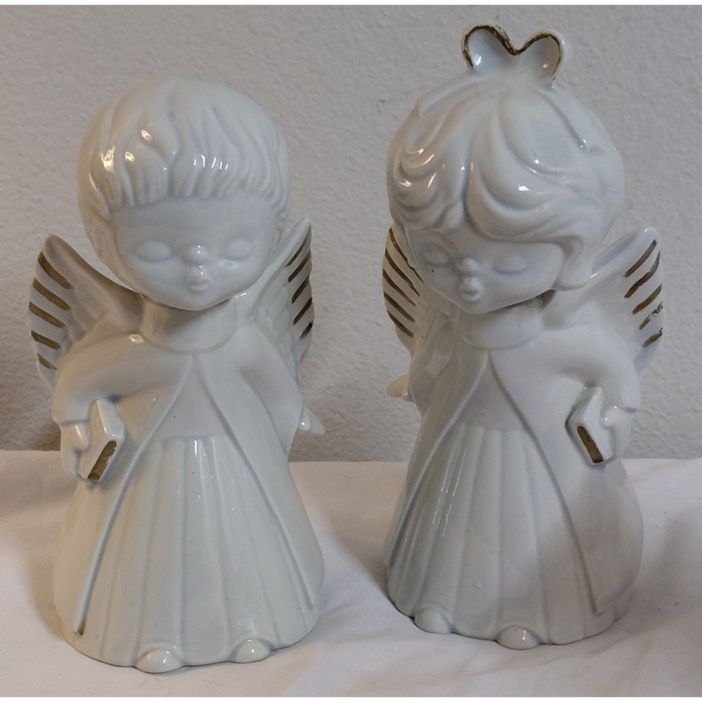 Vintage Ceramic Kissing Angels Boy & Girl Matching Pair White Gold Signed SB